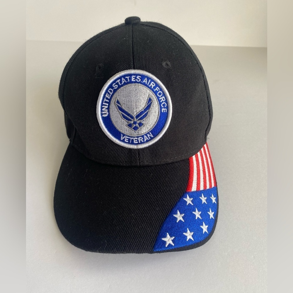 US Air Force Veteran Cap Hat Black‎ Military USA Red White Blue Flag Adjustable